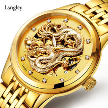 LANGLEY 2017 New Automatic Watches Men Luxury Business Watch 3D Carving Dragon Gold Skeleton Watch Male Diamond Night vision