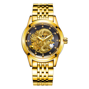 LANGLEY 2017 New Automatic Watches Men Luxury Business Watch 3D Carving Dragon Gold Skeleton Watch Male Diamond Night vision