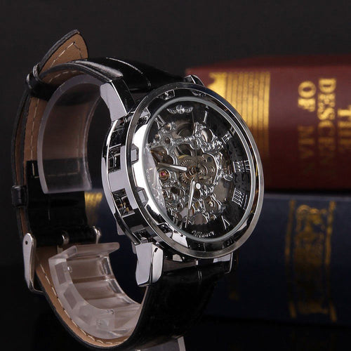 Men's Luxury Skeleton Black Leather Watch Retro Sport Automatic Mechanical Stainless Steel Wrist Watch Montre Homme Shellhard