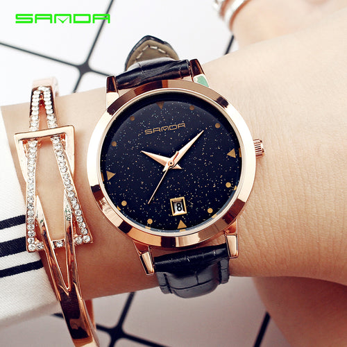 2017 Luxury Brand Women Watches Fashion Dress Ladies Watch Rose gold Star dial Design Leather Strap Quartz Watch Clock Women