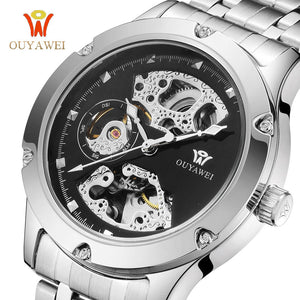 OUYAWEI Mechanical Automatic Watches Men's Wrist Watch Silver Skeleton Male Steel Band Waterproof Man Watch Relogio Masculino